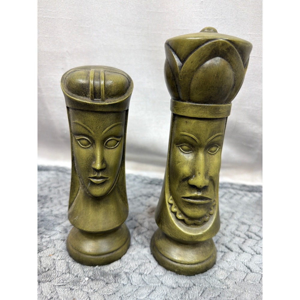 Vintage 1973 Ceramic Chess King and Queen Statues Olive Green MCM Decor Set of 2